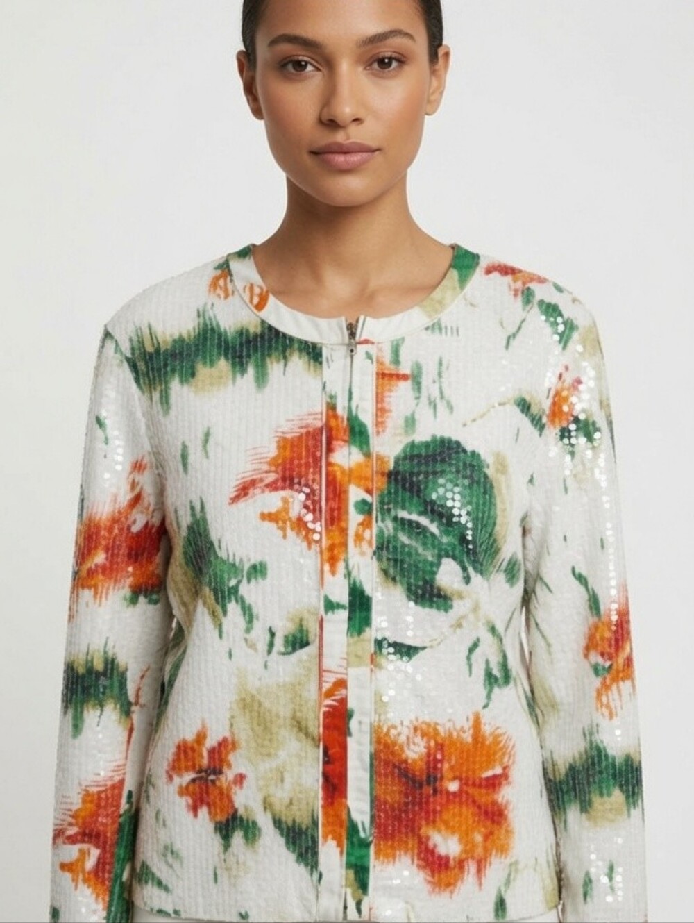 Chico's‎ Women's 3/XL Shimmer Floral Giovanna Sequin Zip Jacket Optic White Glam